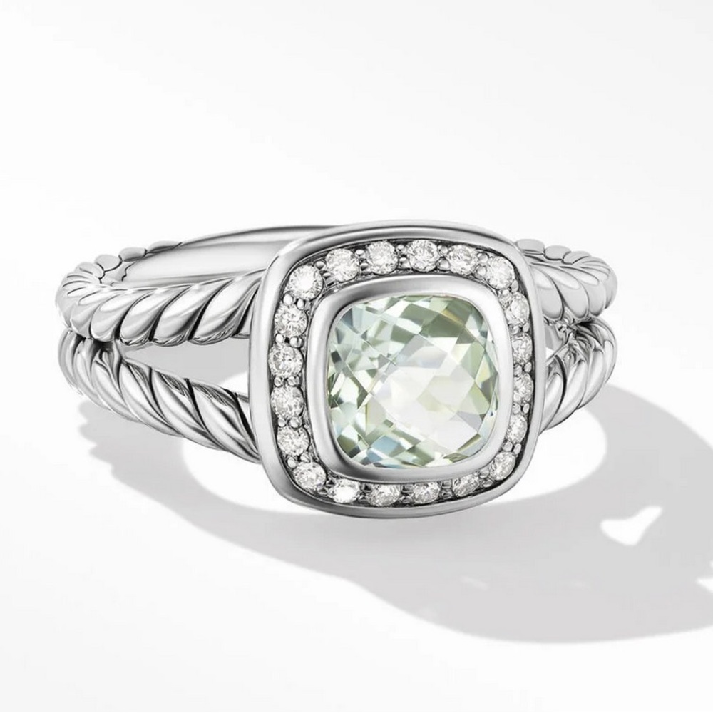 Authentic David Yurman Petite Albion Ring with Prasiolite and Pavé Diamonds